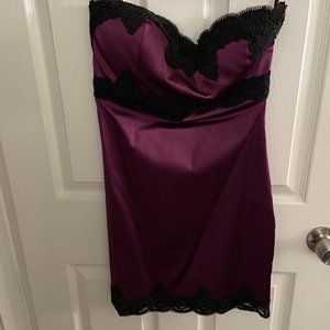 BEBE Satin Purple/Black Strapless Dress